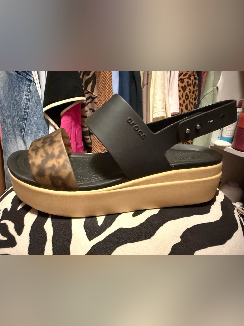 CROCS Black & Tan Leopard-Print Platform Sandal